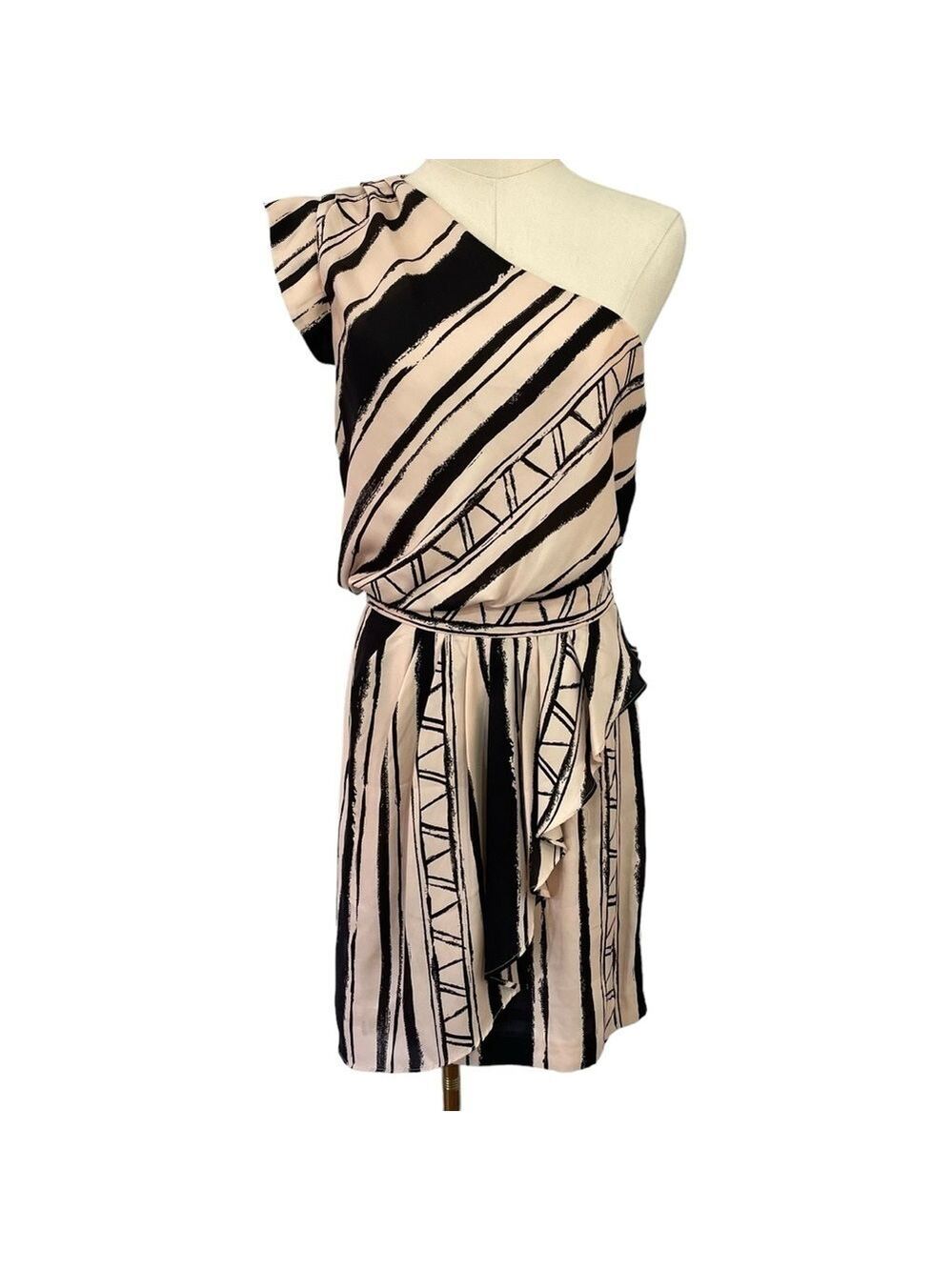 BCBGeneration Striped One Shoulder Sundress Sz 6 Pale Peach Black Dress VGUC